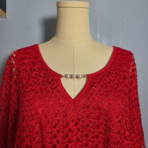 Jade Mood 3X Vibrant Red Tank Top Crocheted Overlay Poncho Shawl - Picture 2 of 10
